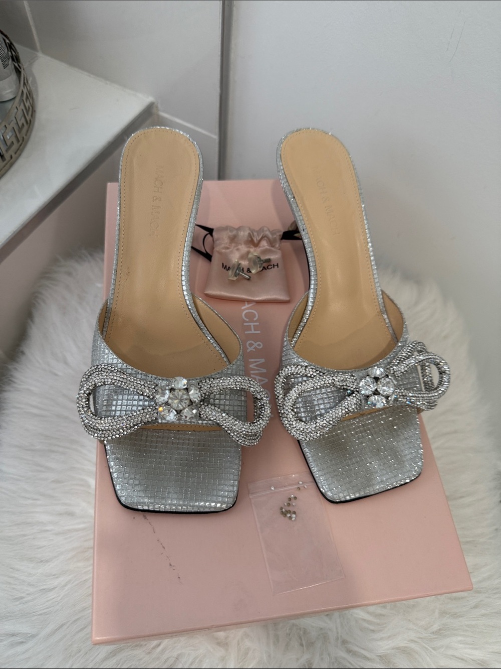 MACH & MACH Silver Crystal Bow Mule Heels 9 1/2 -39 1/2